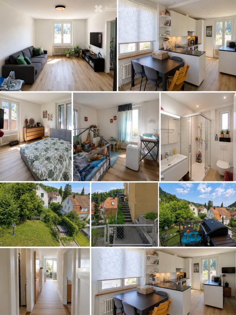 A collage of images showcasing a modern, well-furnished house with multiple rooms, including a living room, kitchen, bedroom, bathroom, and outdoor spaces with a view of the surrounding landscape.