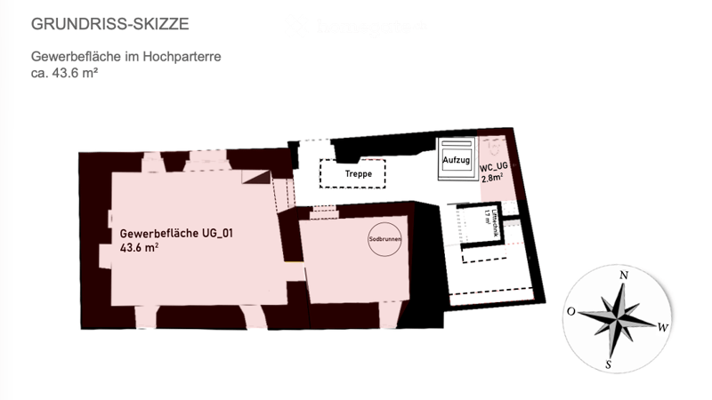 Floor plan of a commercial space in the basement, approximately 43.6 m², including a staircase, elevator, and WC.