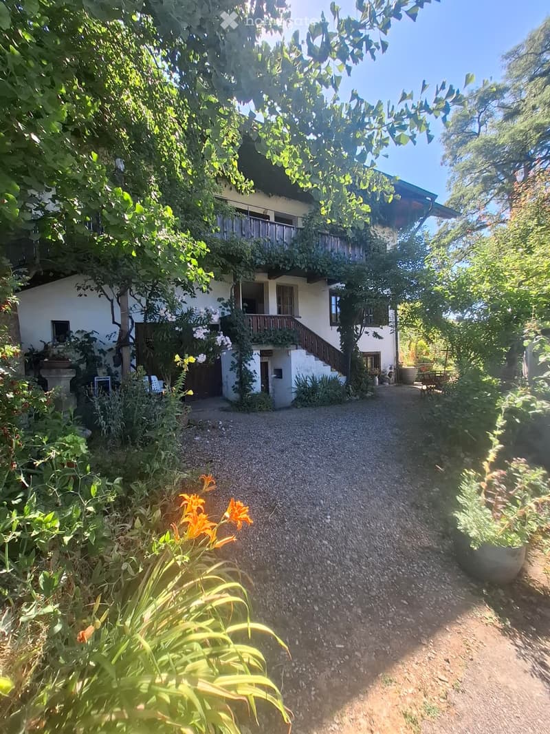 A two-story house with a balcony, surrounded by lush greenery and a gravel pathway leading to the entrance.