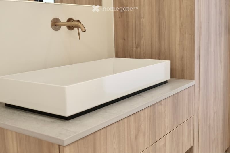 Modern bathroom with a white rectangular sink, wooden cabinetry, and a brass faucet.