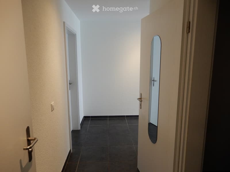 A narrow hallway with white walls, dark tiled floor, and two doors, one with a mirror on the wall.