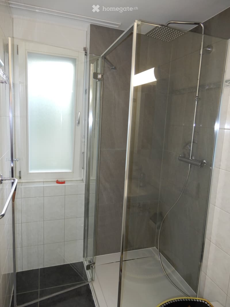 Modern bathroom with a glass-enclosed shower, tiled walls, and a window providing natural light.