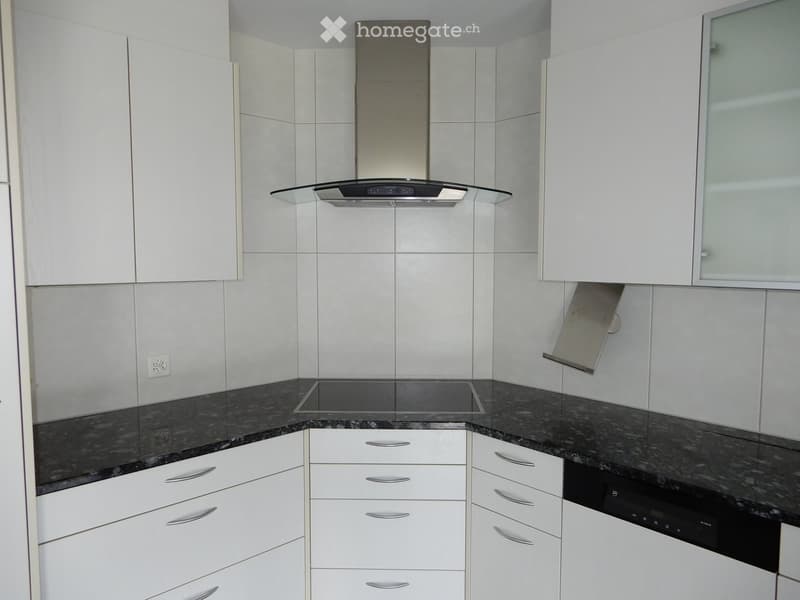 Modern kitchen with white cabinets, black granite countertop, built-in range hood, and dishwasher.
