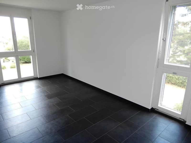 Empty room with white walls, dark tiled floor, and large windows with white frames, allowing natural light to enter.