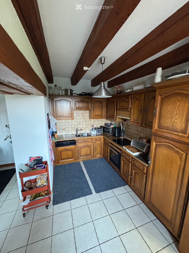 The kitchen features wooden cabinets, a sink with a faucet, an oven, microwave, toaster, and a cart with various items. The floor is tiled, and there are blue rugs in the center.