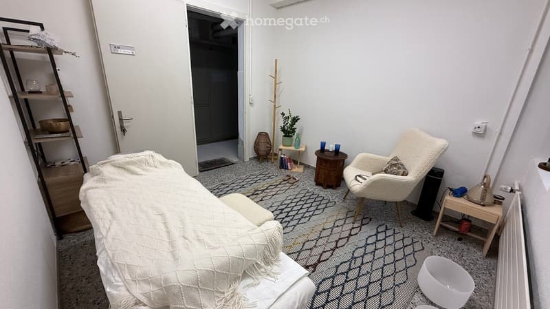 A cozy, well-furnished room with a sofa covered in a white blanket, a white armchair, a small wooden table, a shelf with books and decorative items, a potted plant, and a radiator.