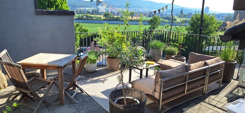 Balcony with a view, featuring a sofa, wooden table, chairs, and several potted plants.