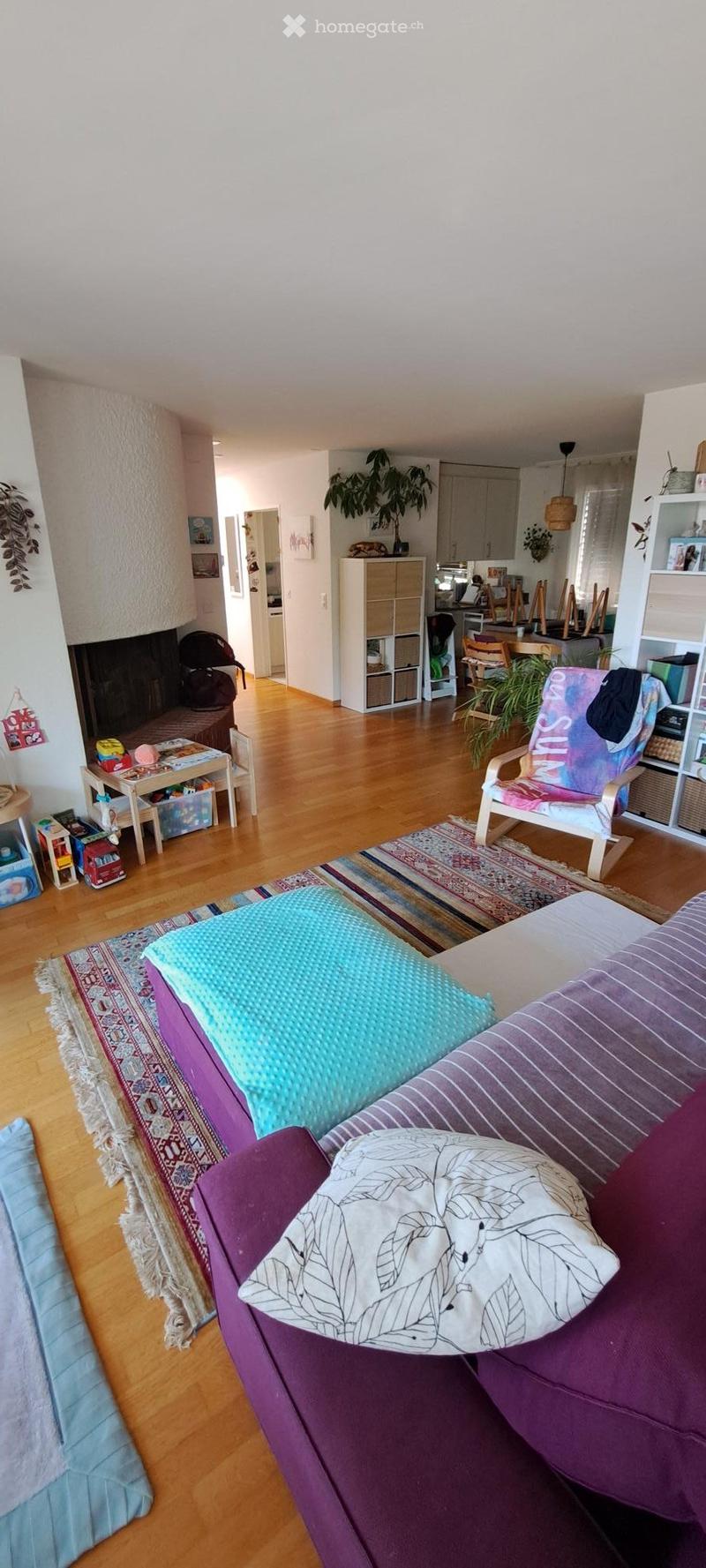 Living room with a purple sofa, coffee table, colorful rug, fireplace, and various furniture including a shelf and a small table.