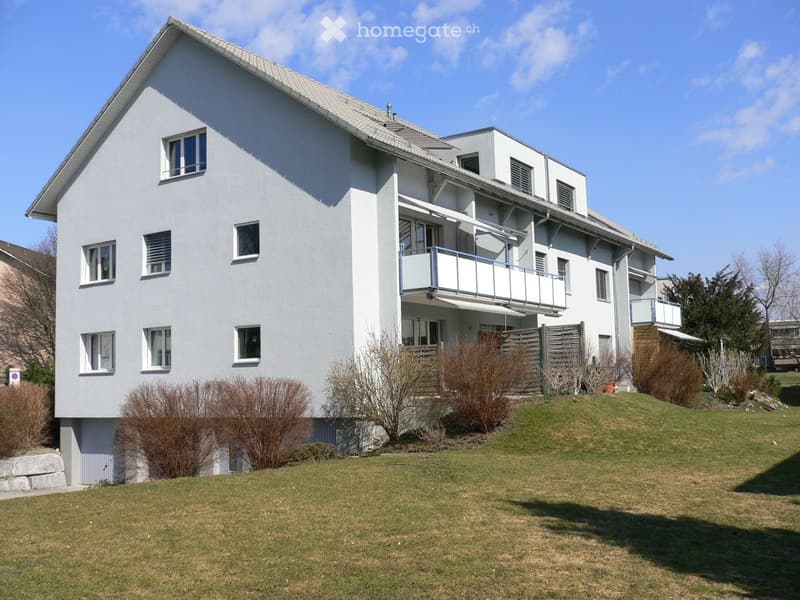 Two-story modern house with white exterior, multiple windows, balconies, and a well-maintained lawn.