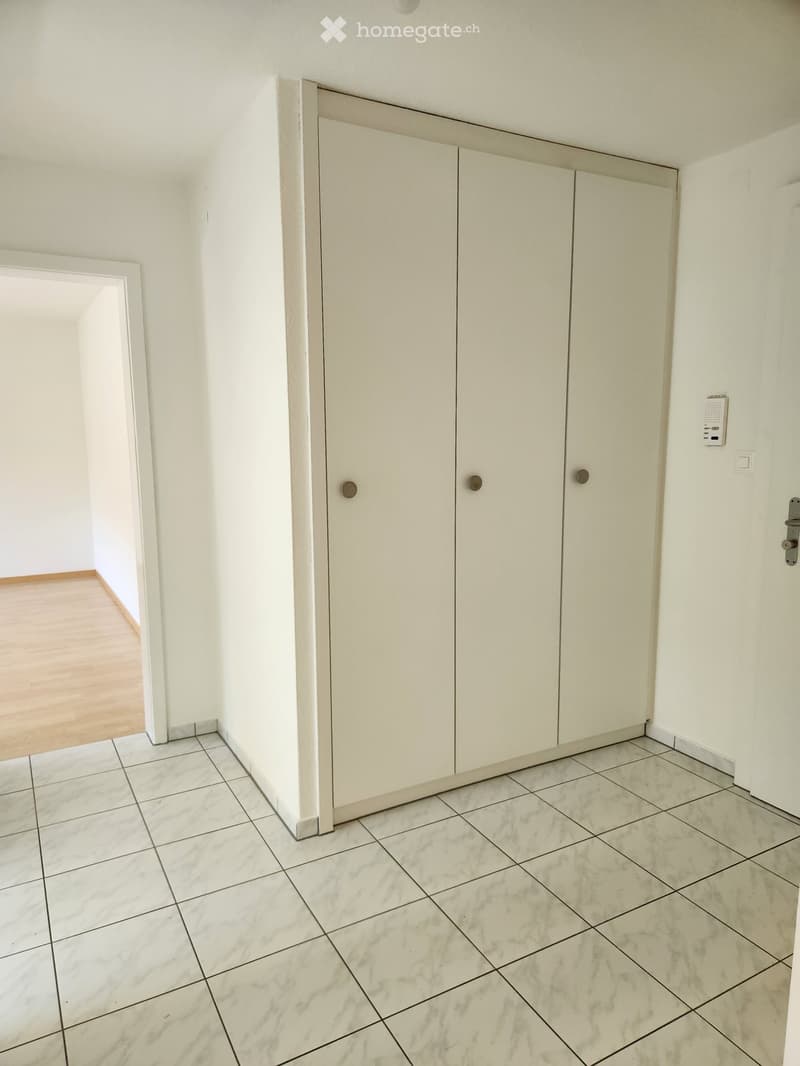 Empty room with white walls, marble tile floor, and built-in white closet with multiple doors.