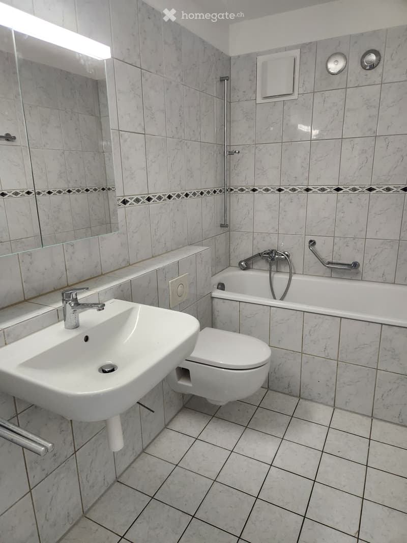 Modern bathroom with marble tiles, a sink, toilet, bathtub, and a large mirror. Features include a handheld showerhead and grab bars for safety.
