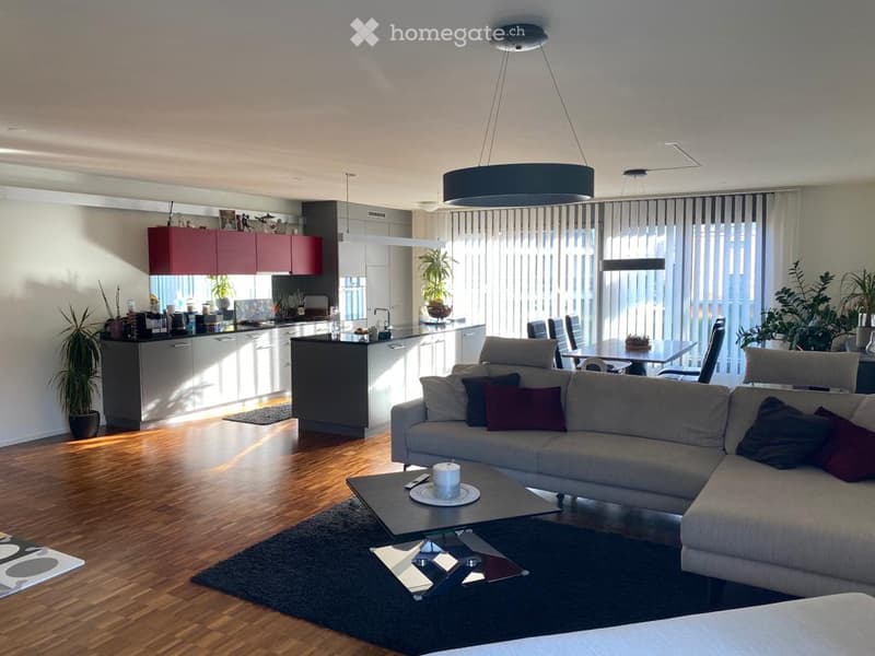 Modern open-plan living and dining area with a grey sectional sofa, glass coffee table, dining table with chairs, and a sleek kitchen area with red cabinets and stainless steel appliances.