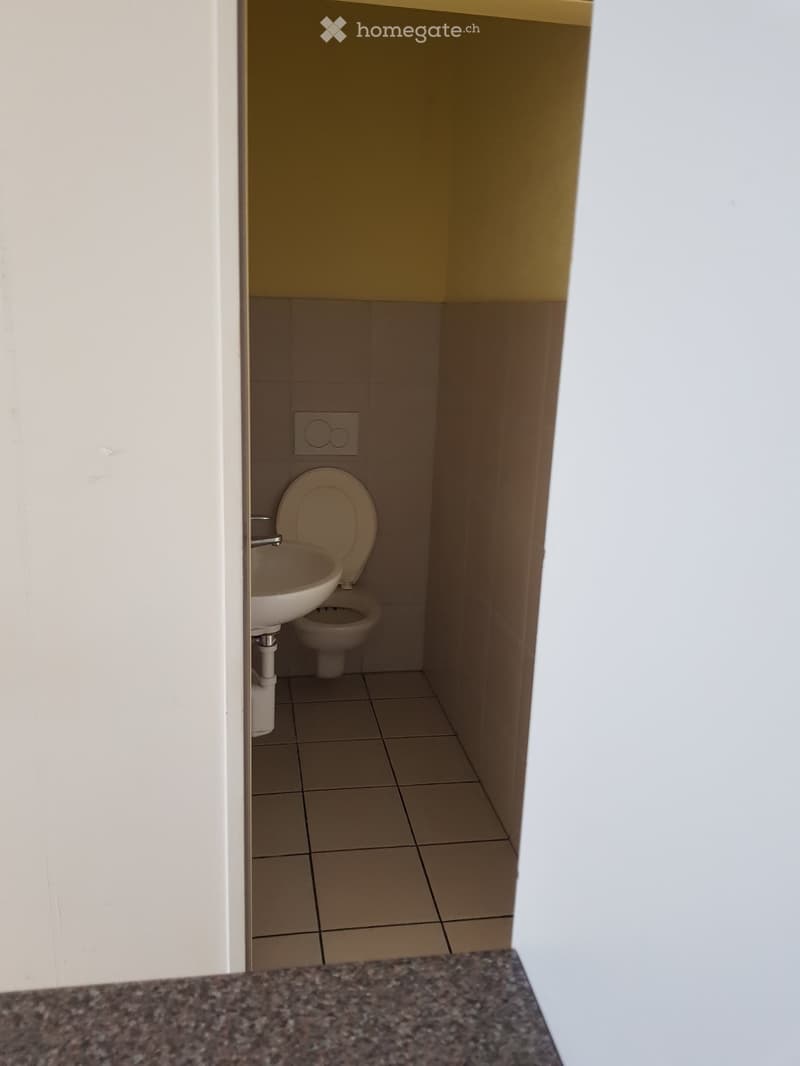 small bathroom with toilet and sink, yellow walls, tiled floor