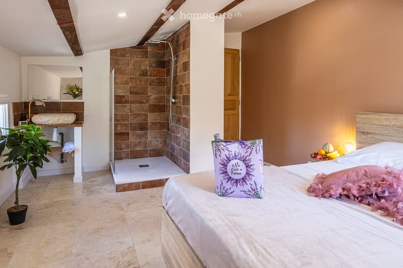 Cozy bedroom with a large bed, a modern shower area, a sink with a decorative faucet, a fruit bowl, and a potted plant. The room features warm, earthy tones and exposed wooden beams on the ceiling.