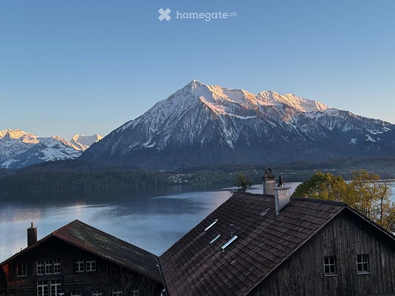 Traditional wooden house with a sloped roof and chimneys, situated near a serene lake with snow-capped mountains in the background.