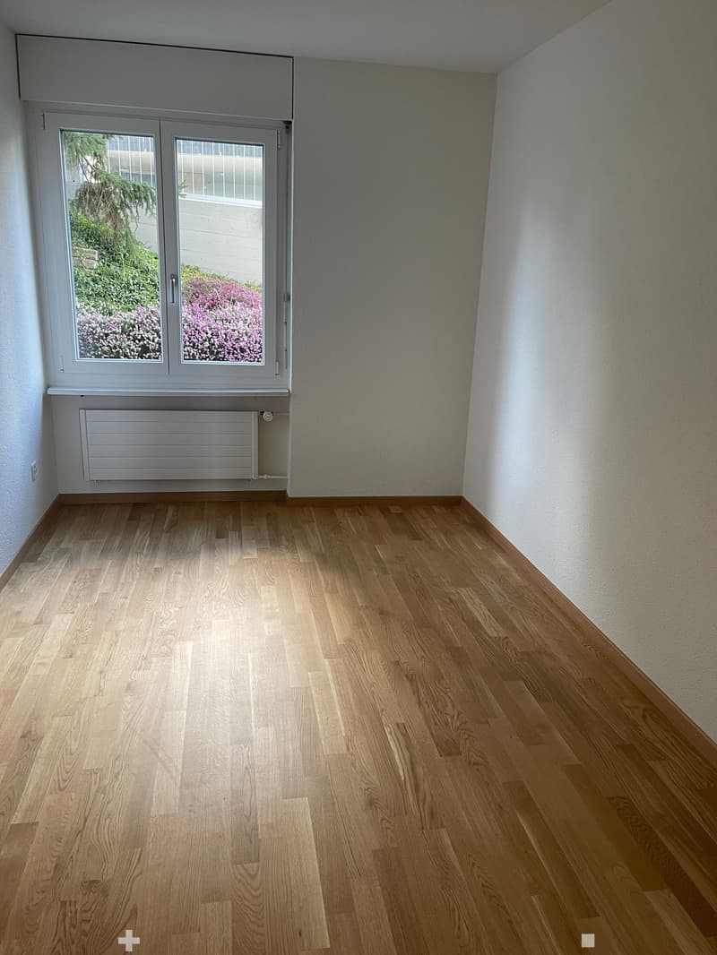 Empty room with light wooden flooring, white walls, and a large window with a view of greenery and flowers outside. A radiator is visible below the window.