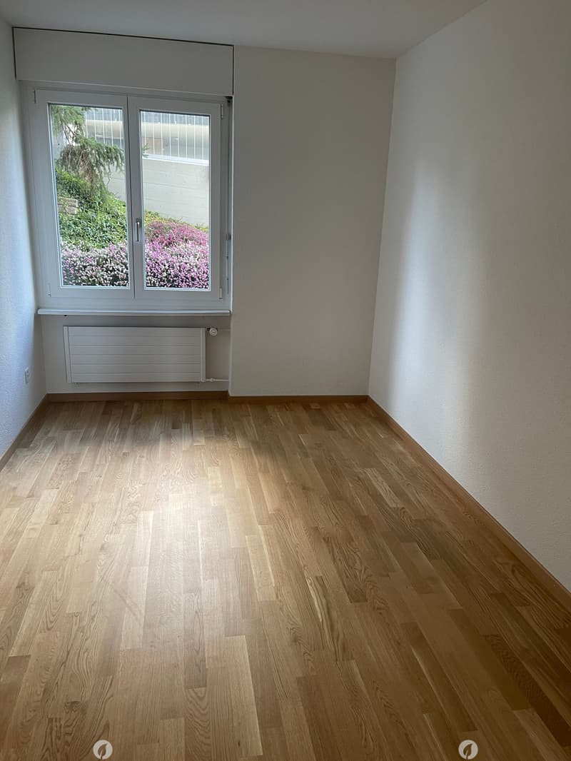 Empty room with light wooden flooring, white walls, and a large window with a view of greenery and flowers outside. A radiator is visible below the window.
