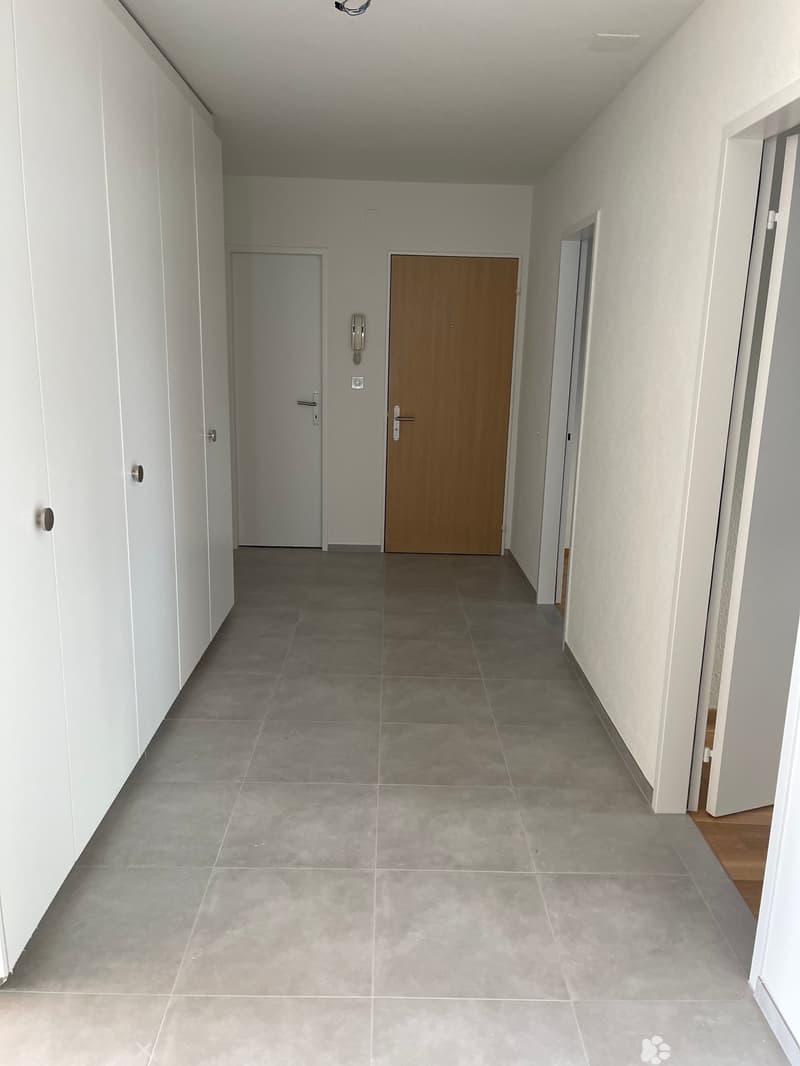 Empty hallway with grey tiled floor, white walls, and two doors (one wooden, one white) leading to other rooms.