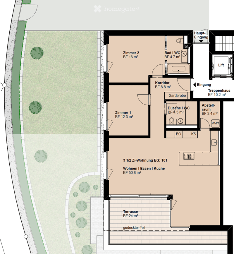 Floor plan of a 3.5-room apartment on the ground floor, including living/dining/kitchen area, two bedrooms, two bathrooms, hallway, storage room, and a terrace.