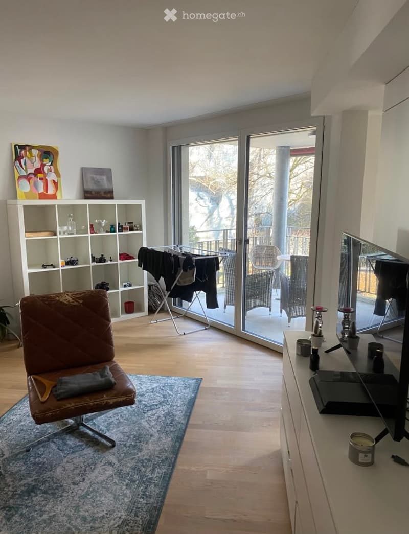Modern living room with wooden flooring, large sliding glass doors leading to a balcony, a brown leather sofa, a white shelving unit, and a small table with candles.