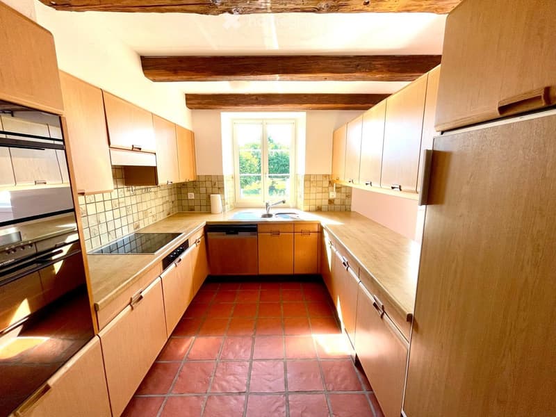 Bright kitchen with wooden cabinets, red tiled floor, and stainless steel appliances including an oven and dishwasher. Features a central island with a sink and faucet, and a window letting in natural light.