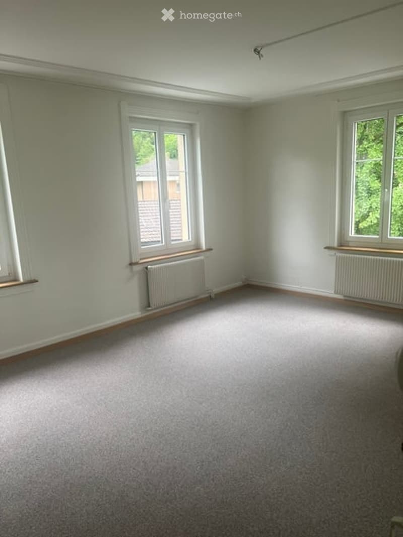 Empty room with light grey walls, carpeted floor, and three windows with white frames. Radiators are visible beneath the windows.