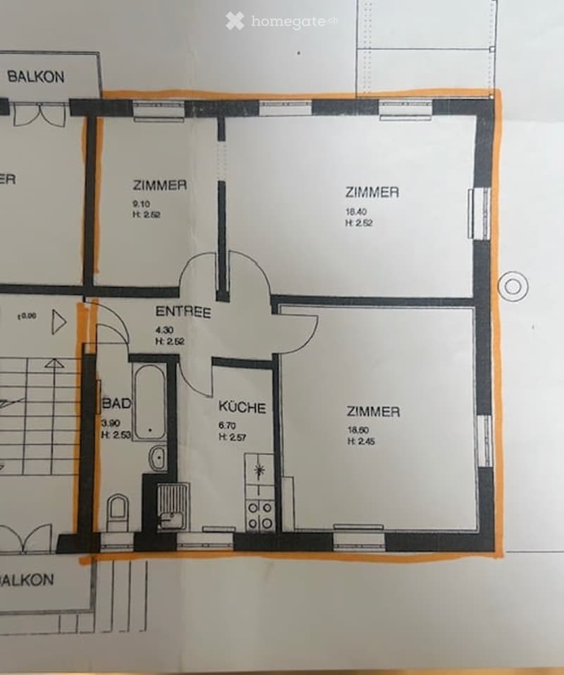 Floor plan of a 3-room apartment with a kitchen, bathroom, and balcony.