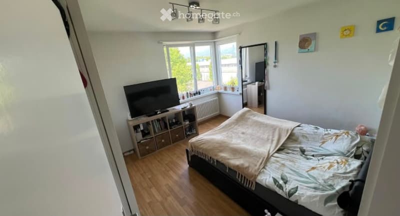 Cozy bedroom with wooden flooring, large windows, a double bed with a patterned duvet, a television on a wooden stand, a mirror, and a radiator.