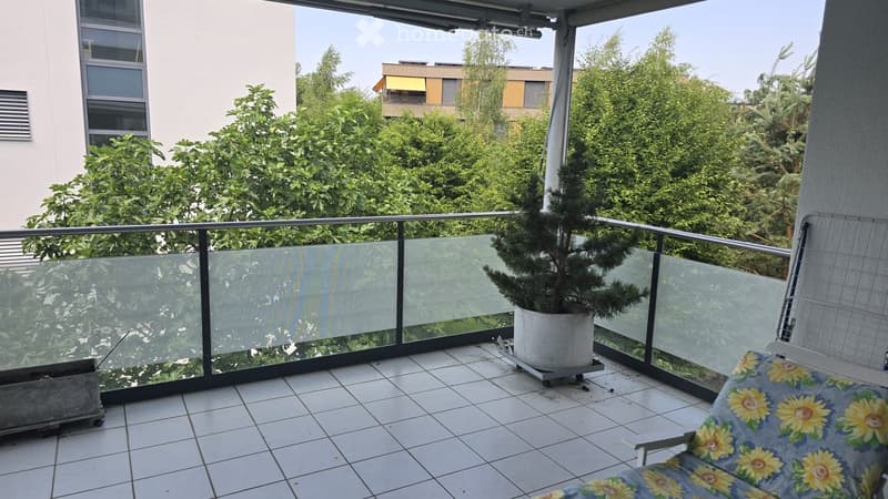 Balcony with tiled floor, glass railing, potted plant, and a lounge chair with a floral pattern.