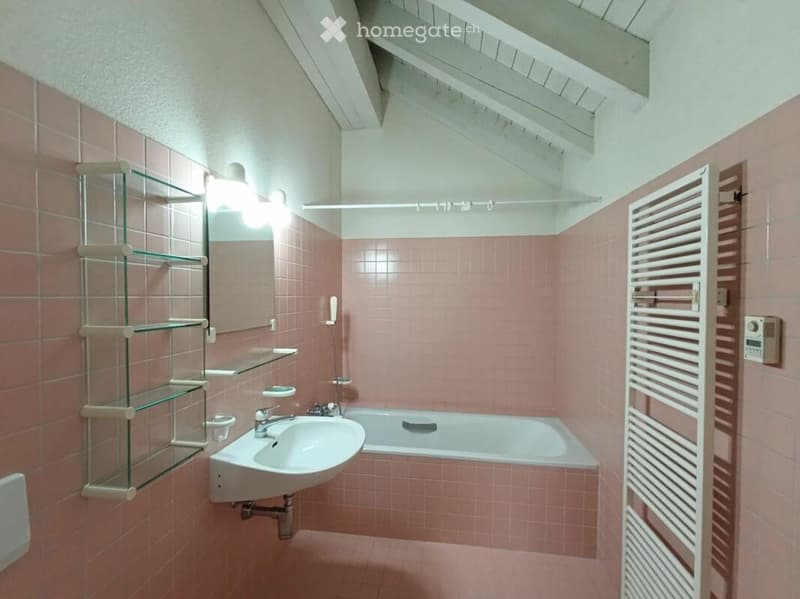 Bathroom with pink tiles, a white sink, a bathtub, a glass shelf unit, and a white radiator.