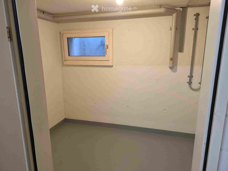 The image shows a small bathroom with a window, concrete walls, and a shower area with a drain on the floor.