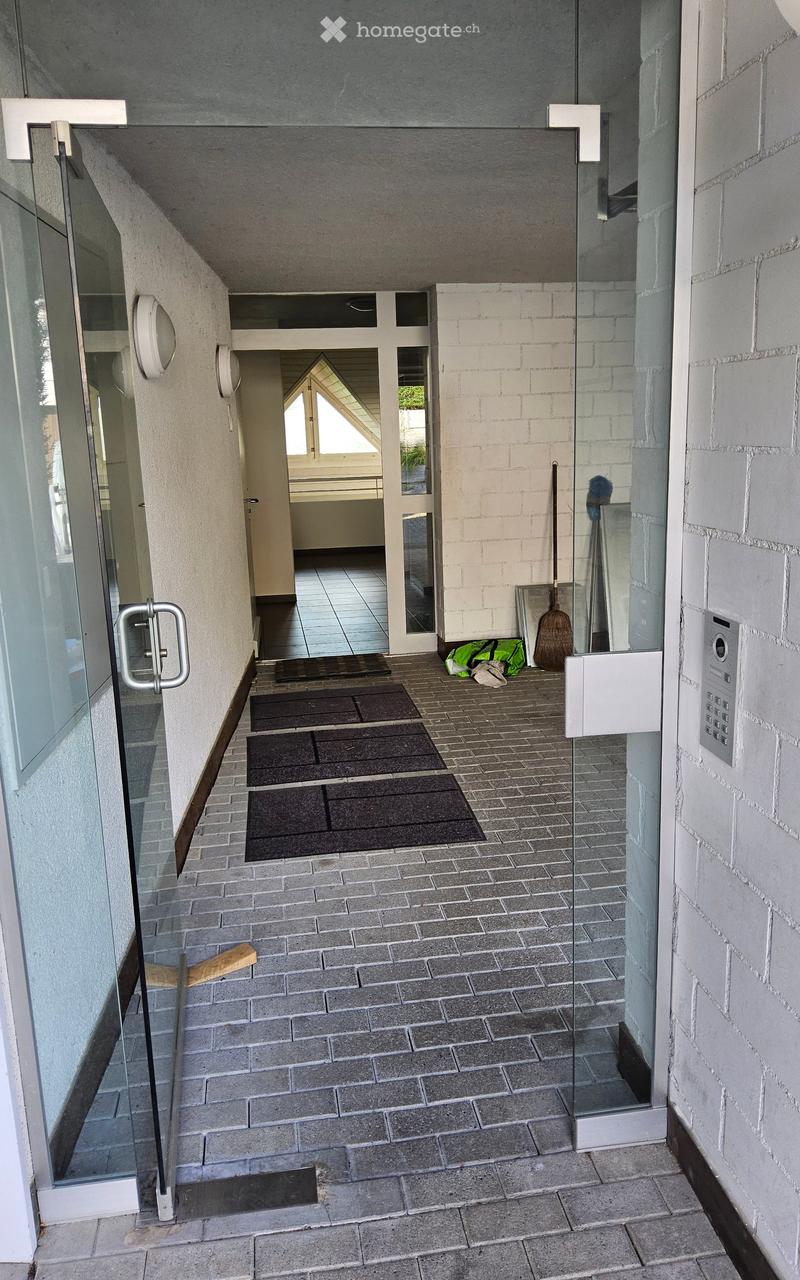 Entrance area with tiled floor, glass doors, multiple welcome mats, and a broom leaning against the wall.