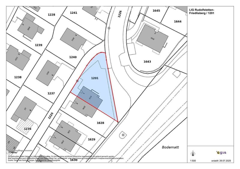 The image shows a floor plan or map of a residential area. It includes several buildings and plots of land, with labels indicating the plot numbers (e.g. 1201, 1628, 1629, 1630). The map also shows a road network and some additional features like a body o