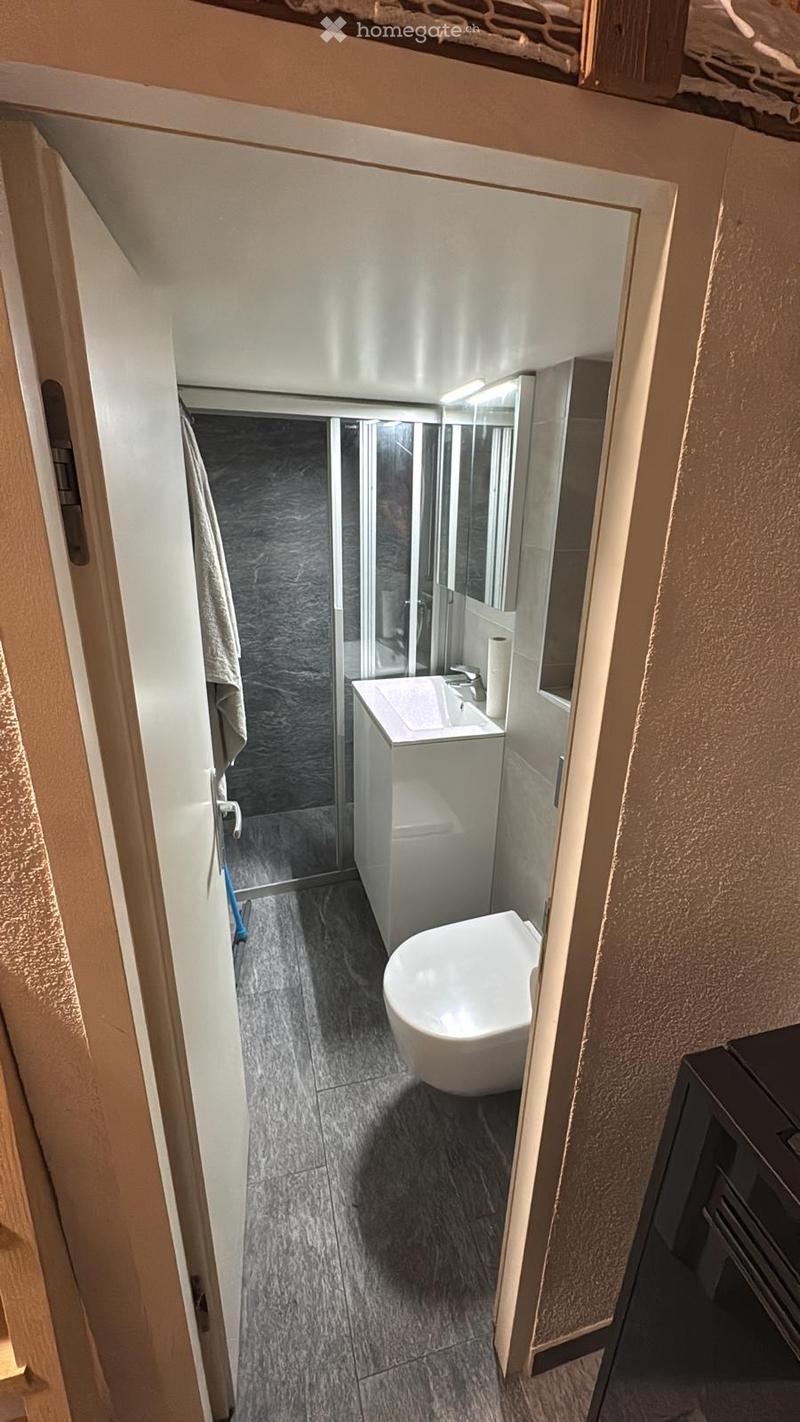 Modern bathroom with a white sink, toilet, and a glass-enclosed shower. The floor is tiled in a dark grey marble pattern, and the walls are light-colored.
