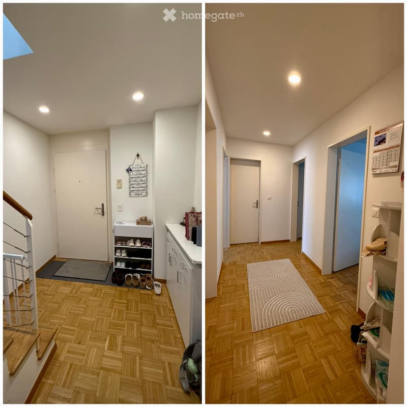 Two images of a modern hallway with wooden flooring, white walls, and built-in storage. The left image shows a shoe rack and a small cabinet, while the right image features a patterned rug and a shelf with folded towels.