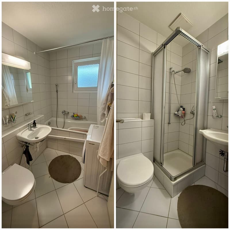 Two bathrooms with white tiled walls and floors. The left bathroom features a toilet, sink, bathtub, and a window with a frosted glass pane. The right bathroom includes a toilet, sink, shower stall, and a small shelf with toiletries.