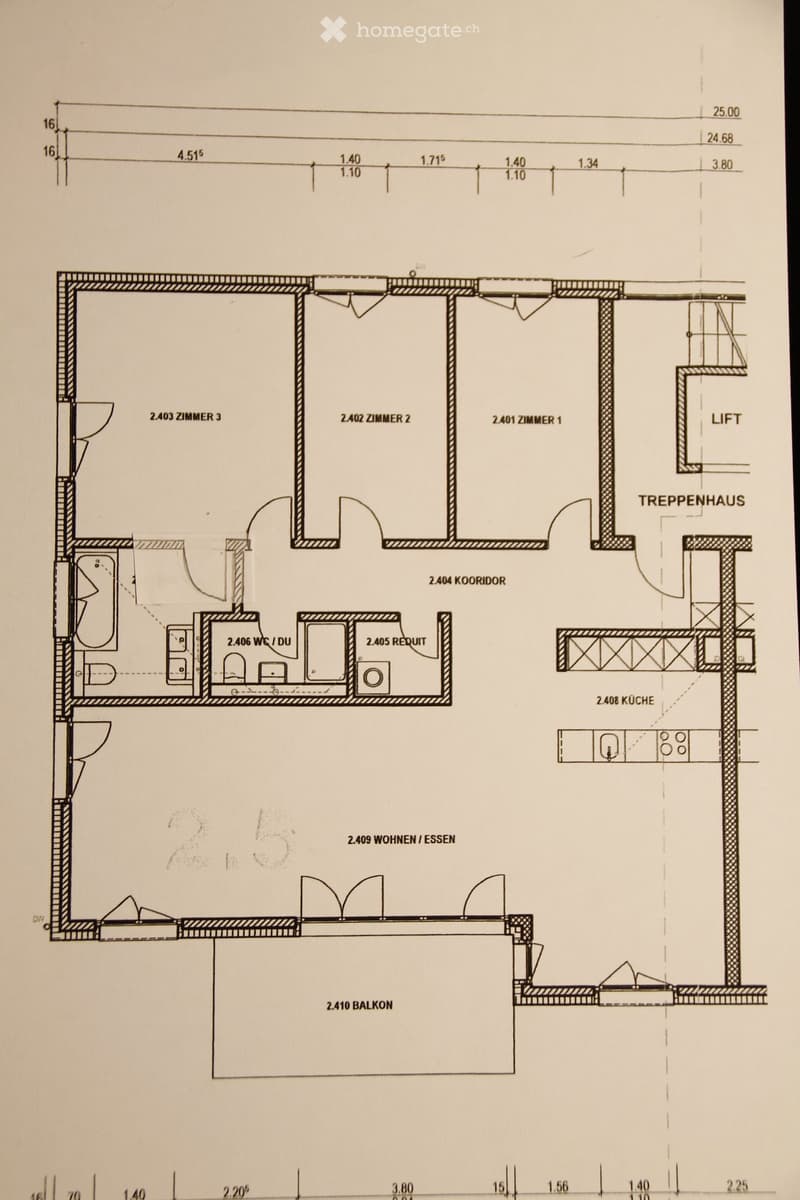 Floor plan showing three bedrooms, a kitchen, a living/dining area, a bathroom, a hallway, a staircase, and a balcony.
