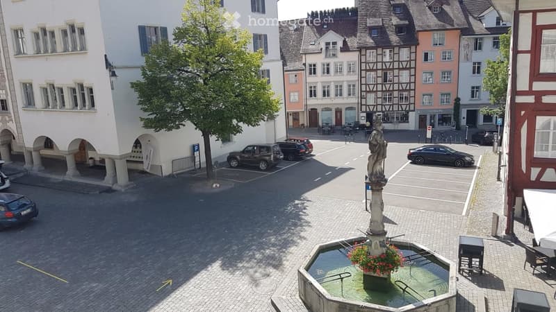 Courtyard view with a central fountain, surrounding buildings, parked cars, and a statue in the center.