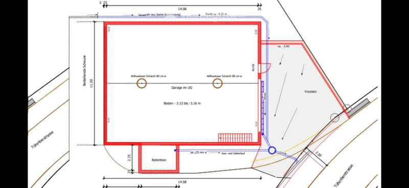 Floor plan showing a building with a garage in the basement, drainage shafts, and surrounding property boundaries.