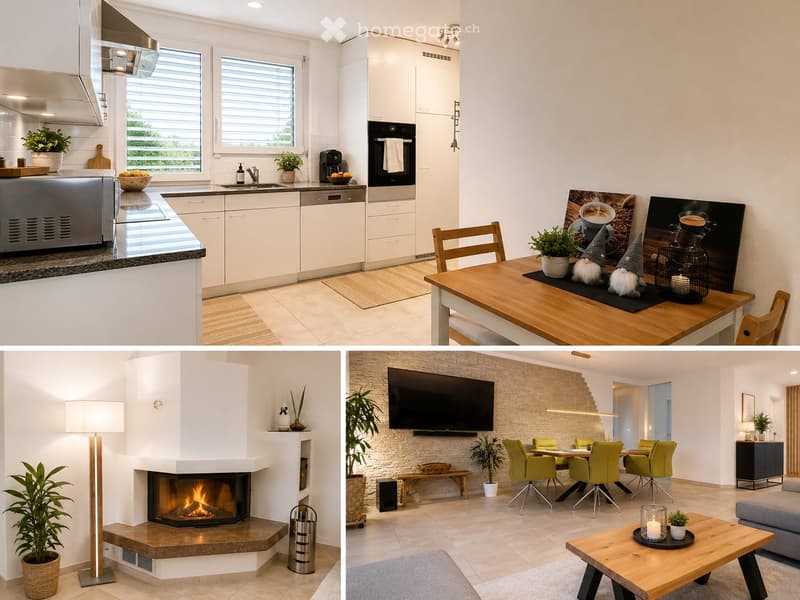The image shows a modern, well-furnished interior with a kitchen area featuring a kitchen island, stove, sink, fridge, dishwasher, and oven. There is a dining area with a table and chairs, a living area with a fireplace, sofa, and television, and decorati