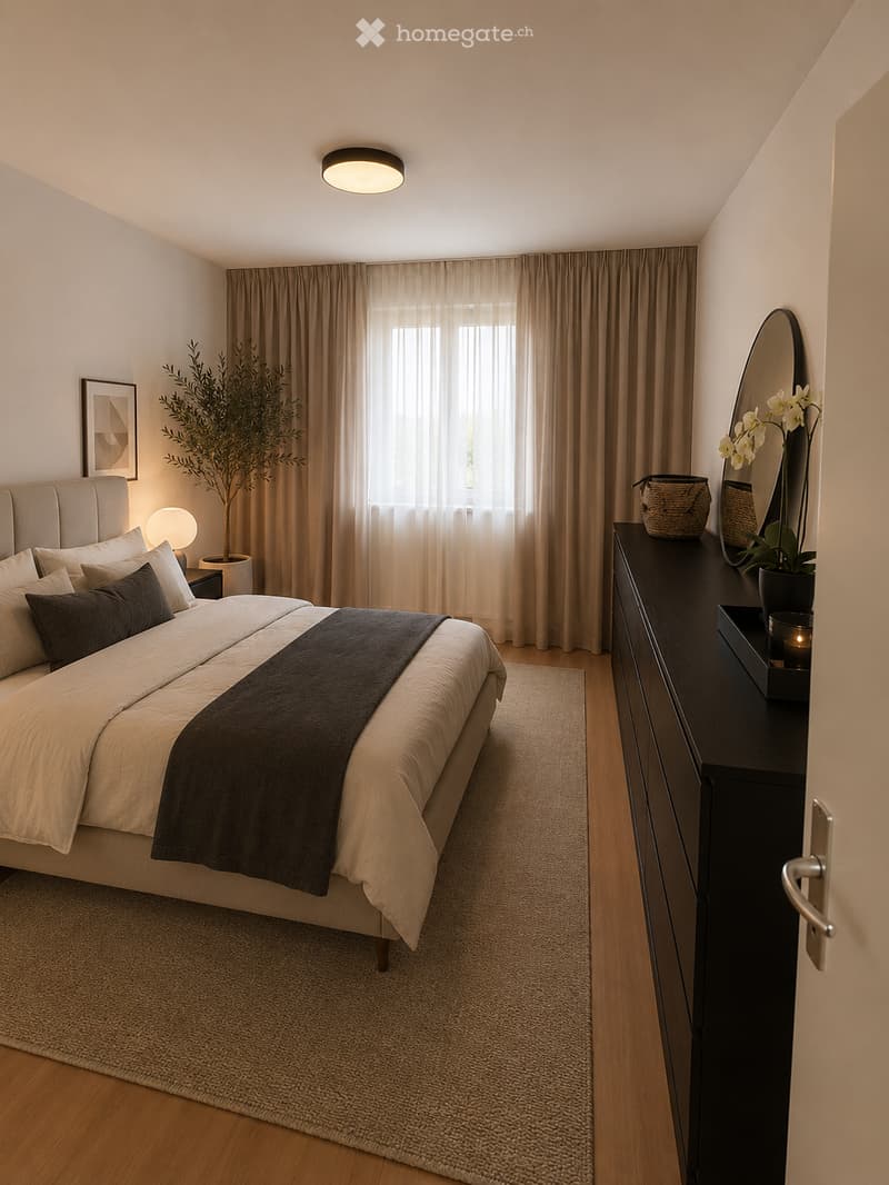 Modern bedroom with a large bed, nightstand, dresser, mirror, and decorative elements including a potted plant and artwork.