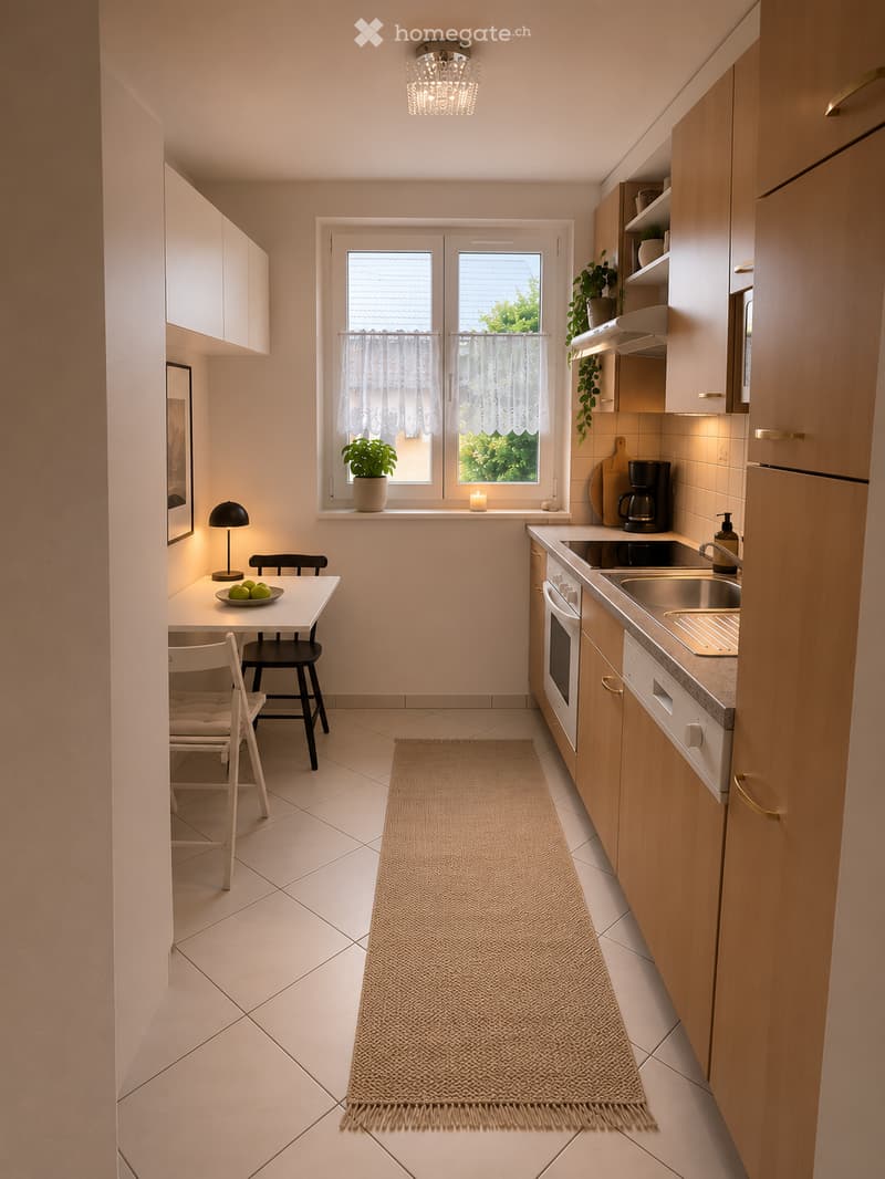Modern kitchen with light wooden cabinets, white tiled floor, and a small dining area. Features include a sink, oven, refrigerator, coffee maker, and a small table with chairs.
