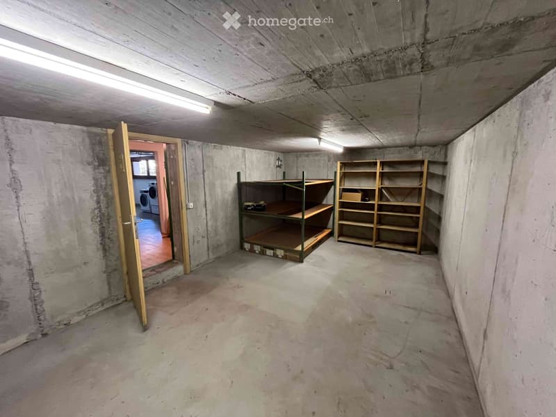Empty basement room with concrete walls and floor, two wooden shelves, and an open door leading to another room with a washing machine.