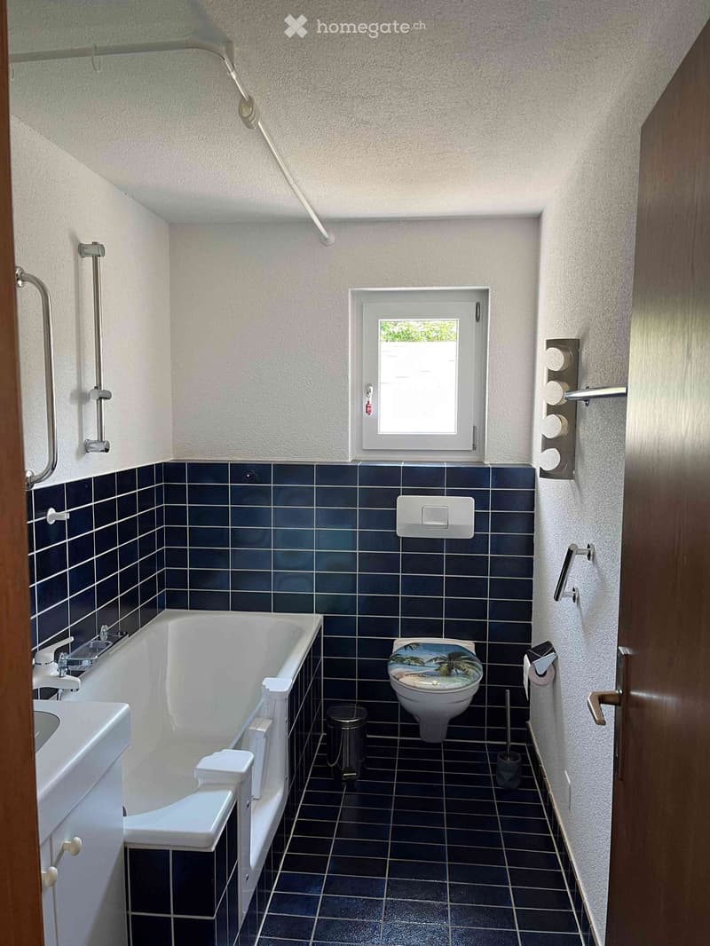 Modern bathroom with dark blue tiles, white bathtub, toilet with a beach-themed seat cover, sink, and a window providing natural light.