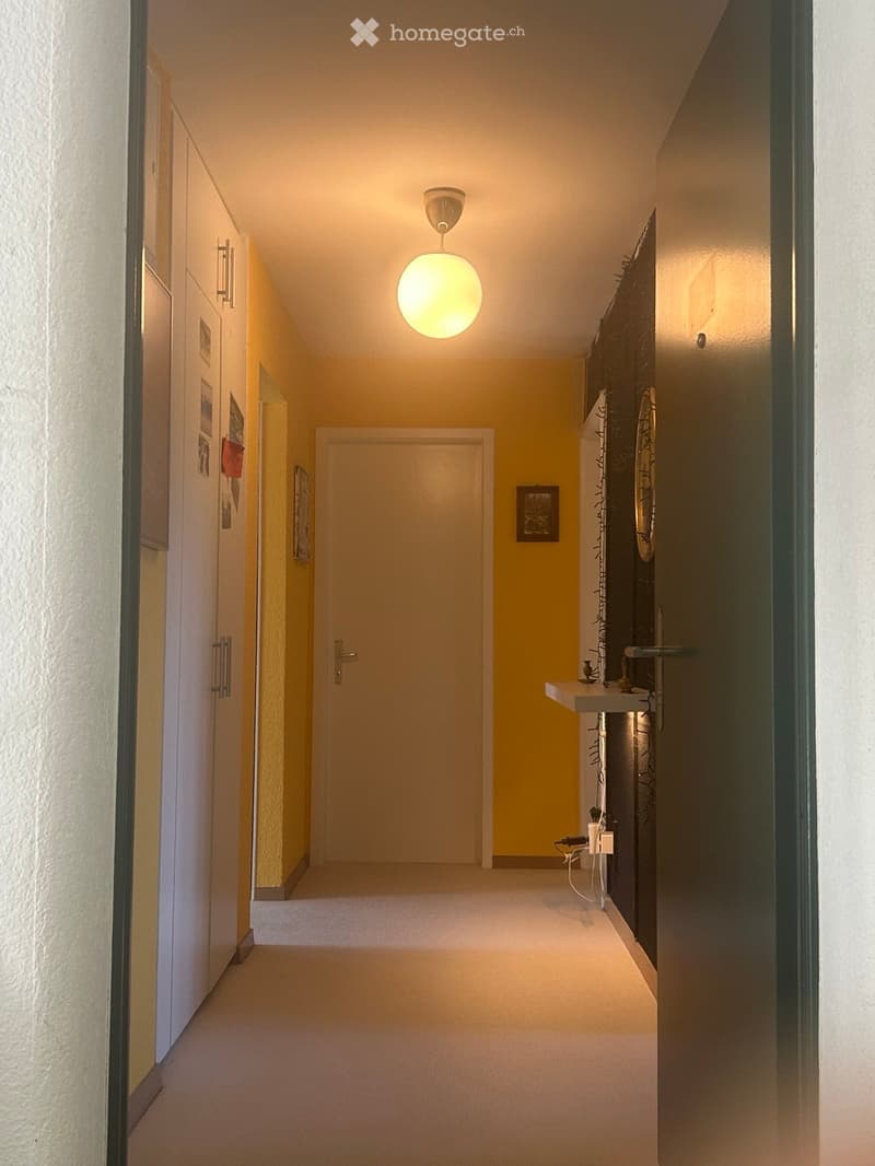 A narrow hallway with yellow walls, white carpeting, and a single round ceiling light. There are doors on both sides, a small shelf with decorative items, and framed pictures on the walls.