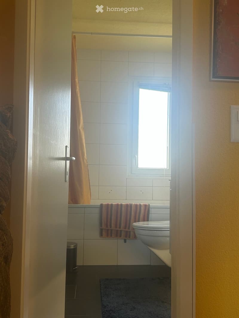 Bathroom with a toilet, towel, shower curtain, and trash can visible. The room has tiled walls and a window letting in natural light.