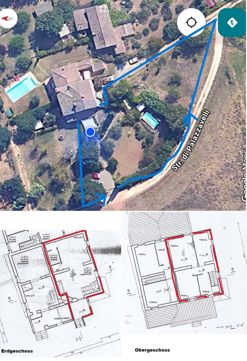 Aerial view and floor plans of a residential property with multiple buildings, a swimming pool, and surrounding land. The floor plans show detailed layouts of the ground and upper floors.