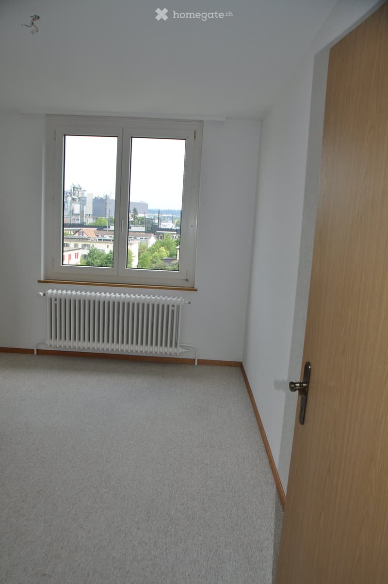 Empty room with light-colored walls, carpeted floor, a window with white frames, and a white radiator below the window. A wooden door is visible on the right side.