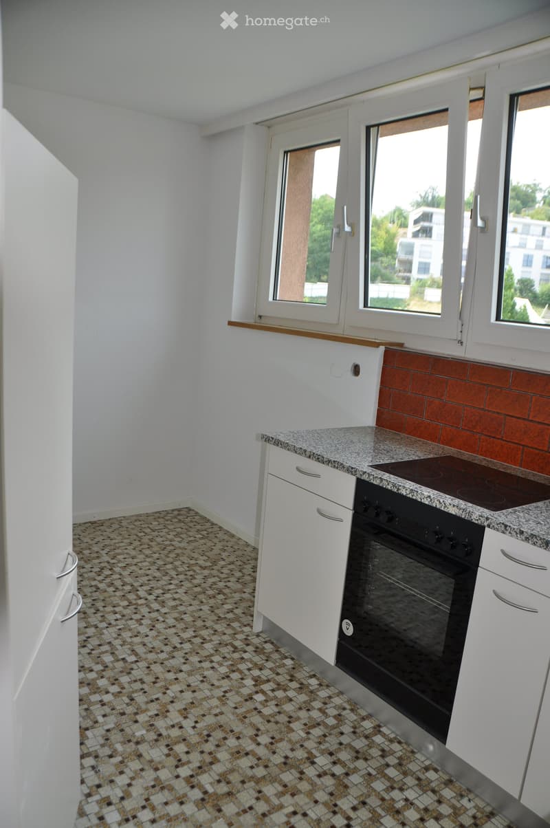 Modern kitchen with white cabinets, granite countertop, and a black oven. The floor features a mosaic tile pattern, and the backsplash is red brick.