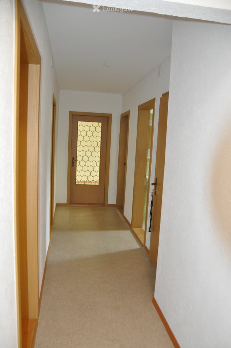 Empty hallway with beige carpet, white walls, and wooden doors with glass panels.